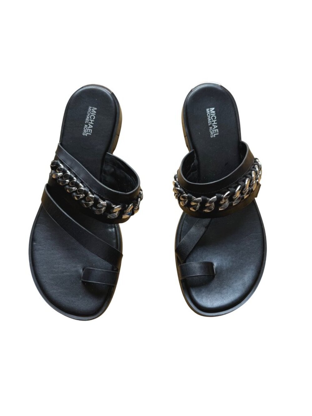 Michael Kors Bergen Women's Flat Slide Sandals 8.5 Black Leather Silver Chain